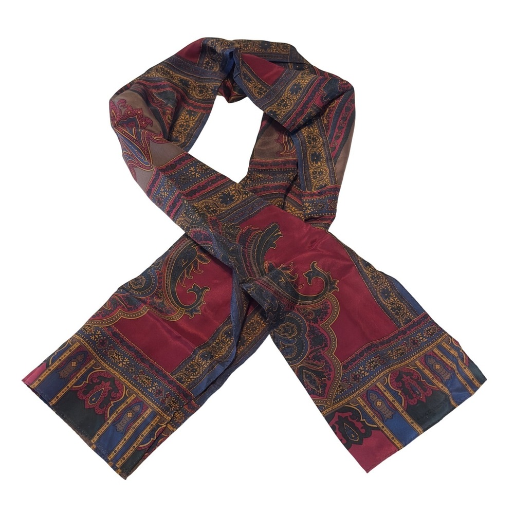 Liz Claiborne Silk Scarf Burgundy Navy Blue Paisley Medallion Oblong Rectangular